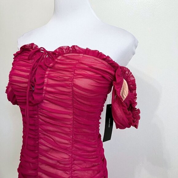 NWT LULUS ALTO RASPBERRY PINK RUCHED MESH FRILLY MINI BODYCON COCKTAIL DRESS - Picture 4 of 9